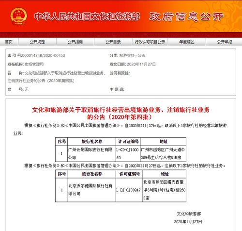 文旅部 取消旅行社經營出境旅游業務 注銷旅行社業務 2020年第四批